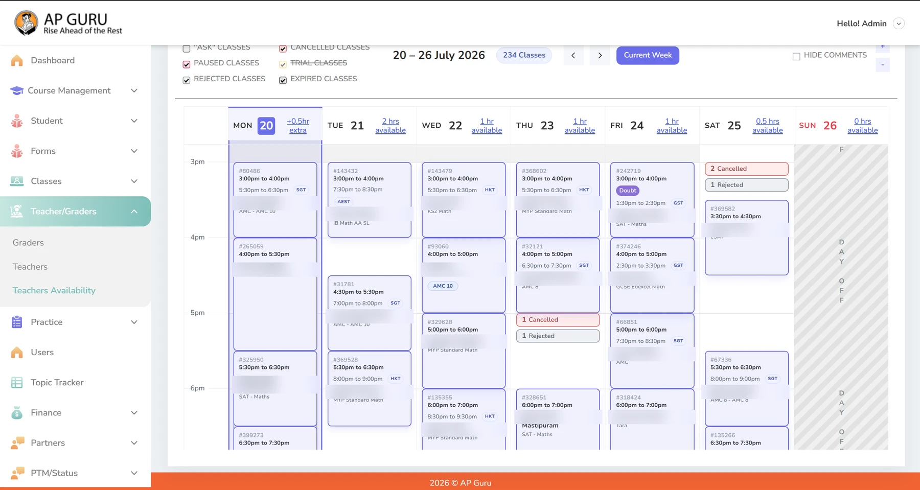 The scheduling portal that replaced the spreadsheet: structured classes, teacher availability, and status at a glance (names blurred).